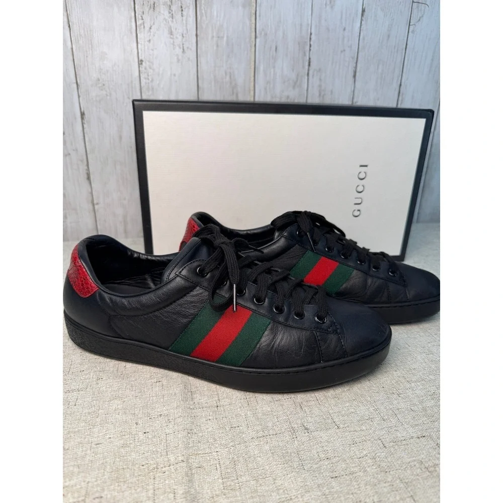 Gucci Ace Low Top Sneakers Black Leather Web Stripe Men's 9 Authentic w/ Box
